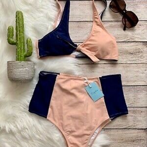 BLUE AND APRICOT BLOCK TIE FRONT BIKINI TOP